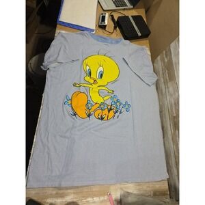 Vintage 1997 Looney Tunes Tweety Bird Night Shirt‎ Blue Stripe Graphic  Womens